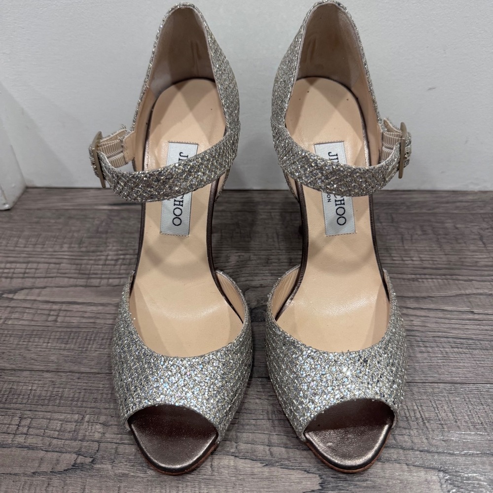 Jimmy Choo Silver Glitter Mary Jane Peep Toe Pumps Stiletto Heels Size 37.5